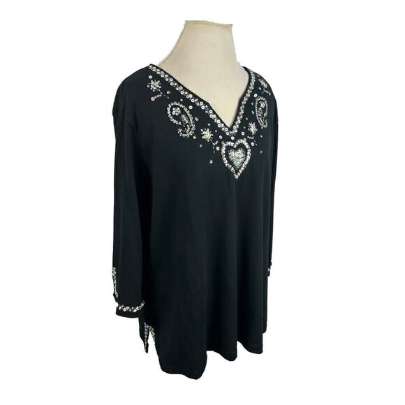 Quacker Factory Black Tunic Top Beaded Embellished Hearts n Paisley Plus Size 2X - Picture 3 of 8